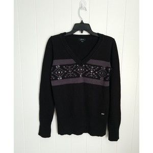 GUESS Sweater Womens Size Large Black Y2k Embellished Winter Fall